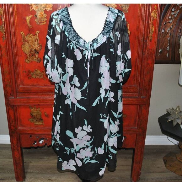 NWT Maeve Anthropology Black Pink Floral Smock Silk Dress- M - Picture 4 of 6